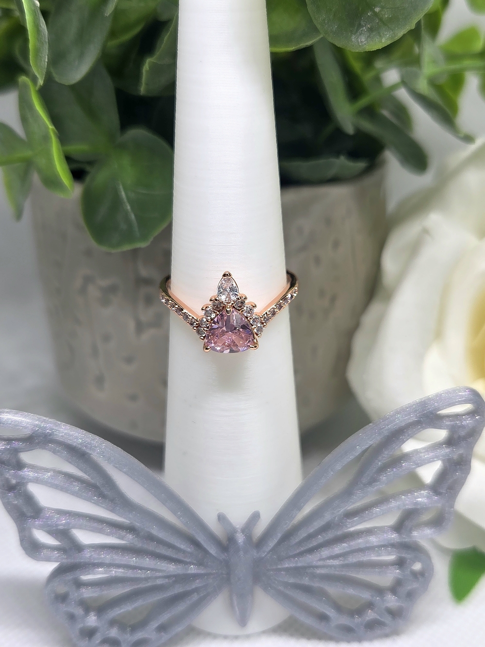 Rose Quartz Pink Teardrop Halo Ring On Rose Gold Plating